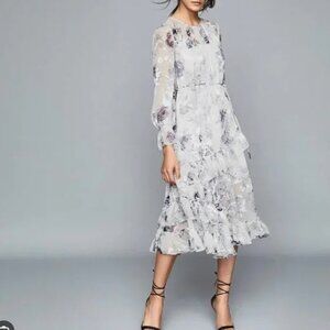 REISS Women's Blue White Floral Silk Long-Sleeve Fit Flare Dress size US 6